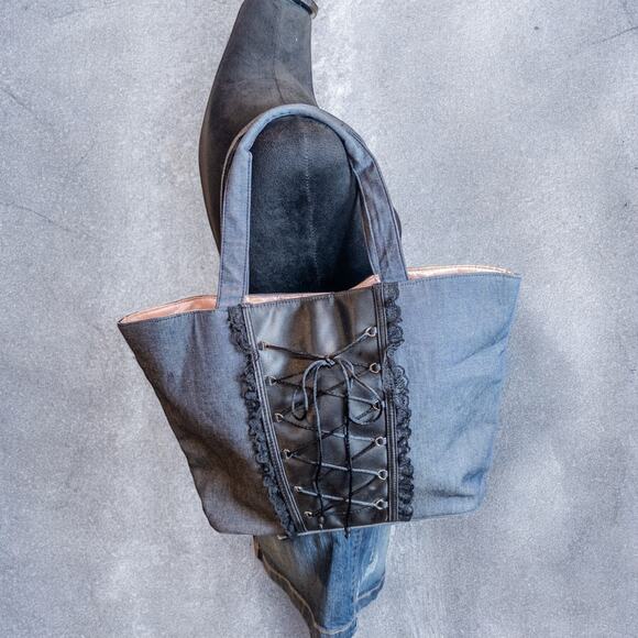 Vintage Y2K Victoria’s Secret Denim Corset Lace Ruffle Satin Lined Tote Bag - Picture 3 of 8